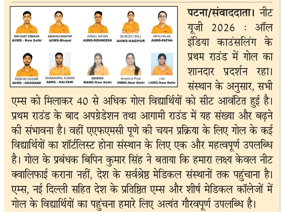 GOAL Institute NEET UG 2026 All India Counselling - Over 40 Students Selected in AIIMS & AFMC